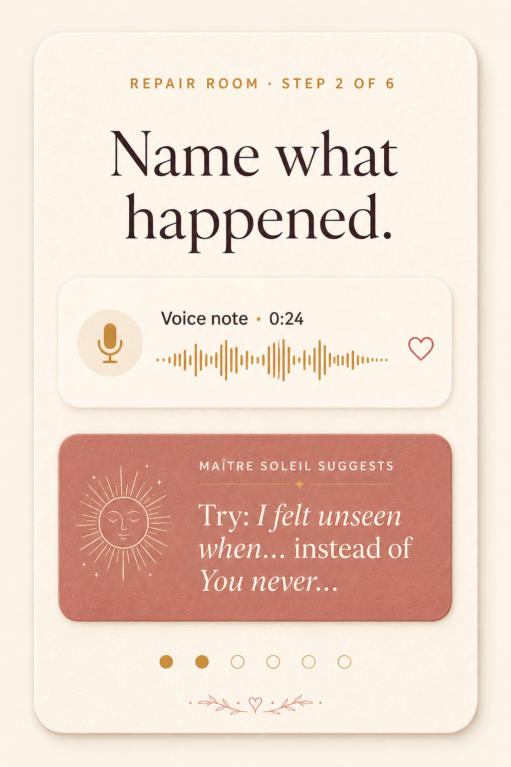 Repair Room in action — step 2 of 6, a voice note with a Maître Soleil softening suggestion