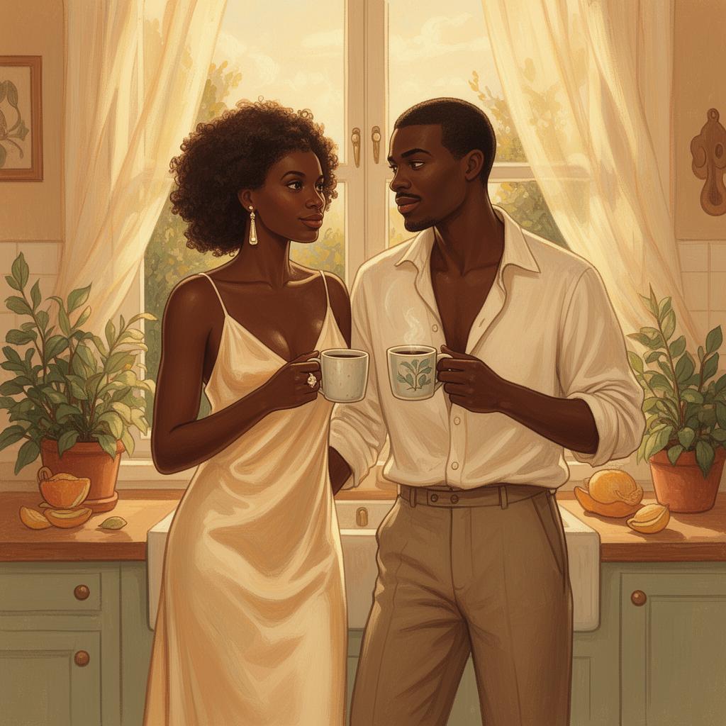 A Black couple sharing a tender morning check-in over warm mugs