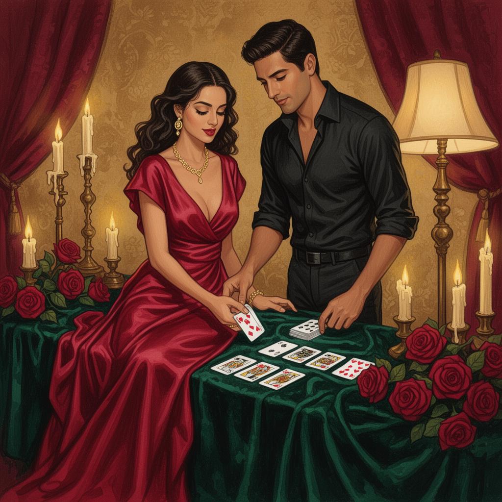 A Hispanic couple choosing a glowing card from a painted deck together