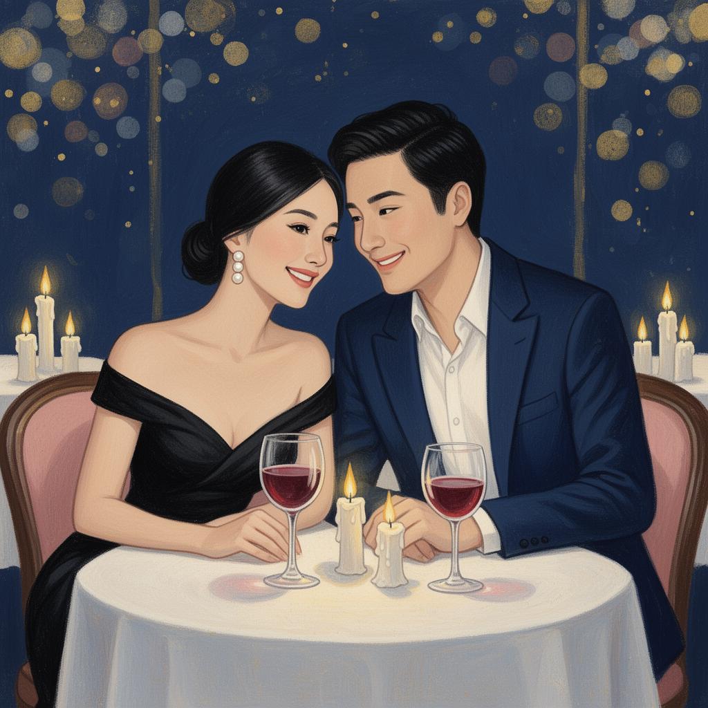 An Asian couple planning a date night together at a candlelit bistro table