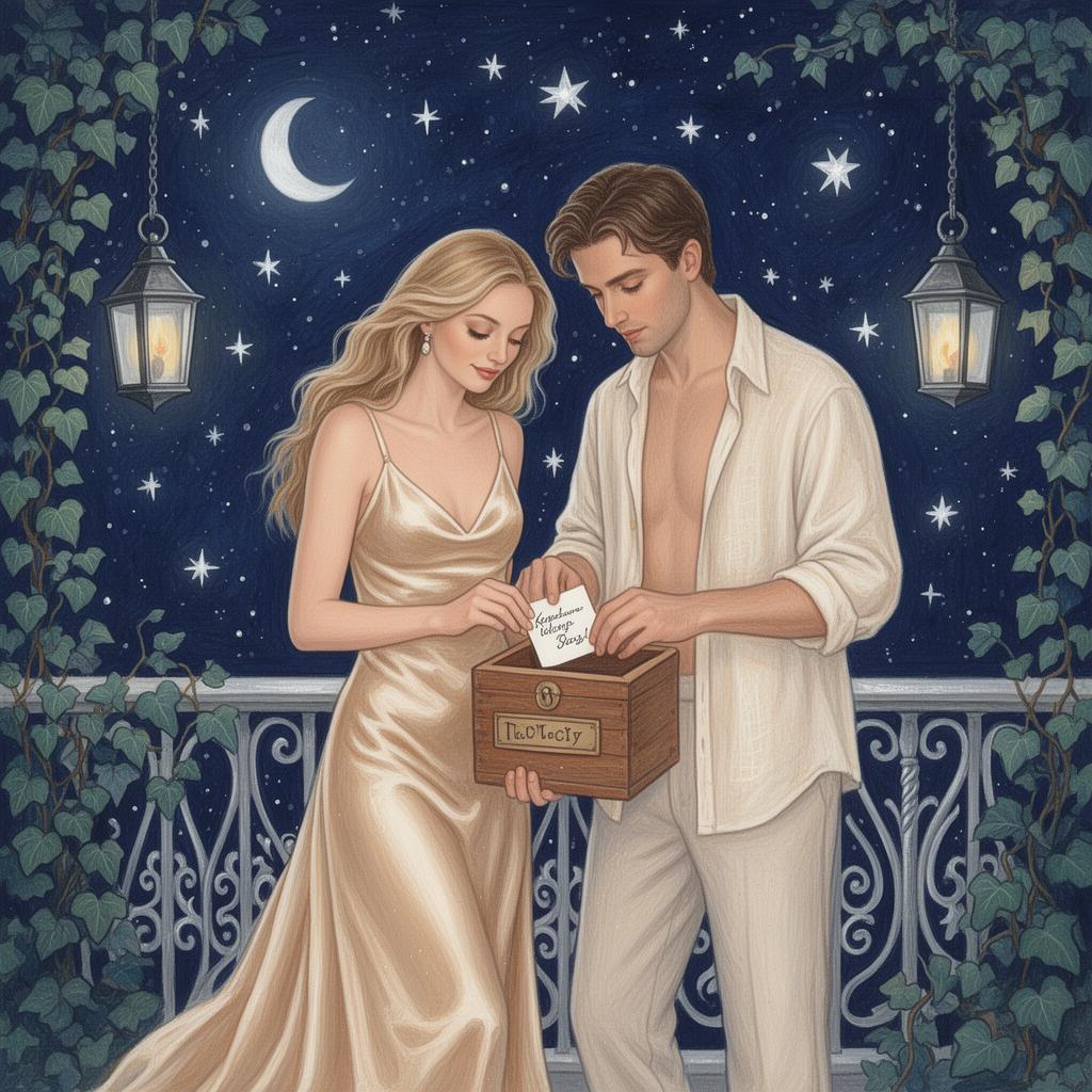 A White couple pressing a flower into a keepsake journal under a starry sky